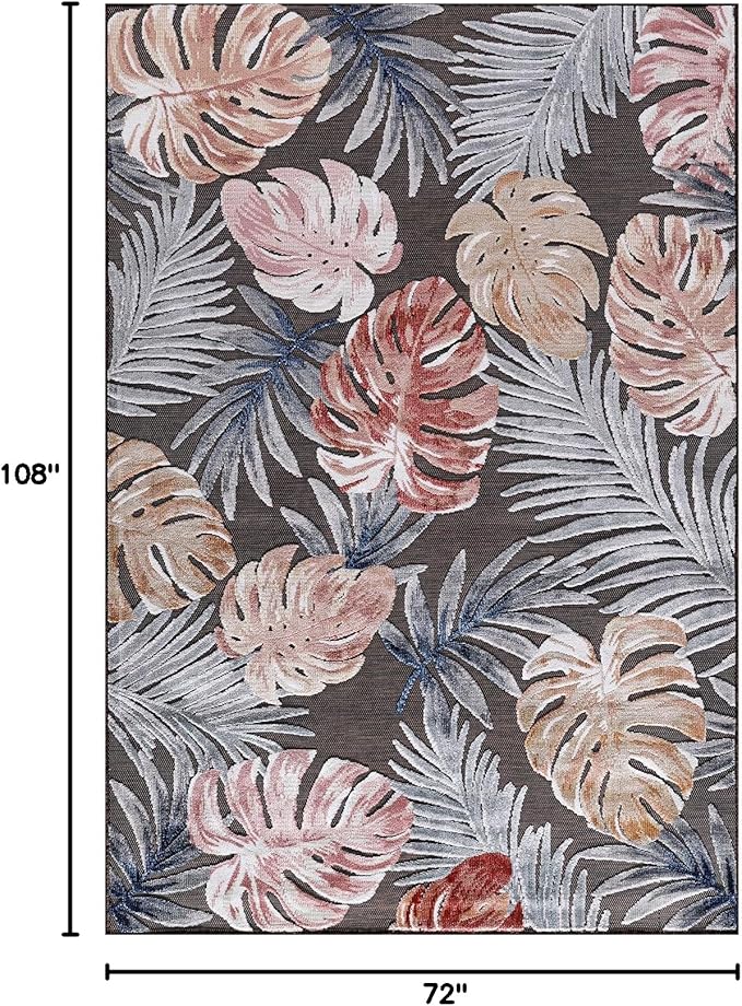 CAMILSON Indoor Outdoor Rug, Brown 6’x9’ Leaf Tropical Botanical Area Rugs for Indoor and Outdoor patios, Easy-Cleaning Non-Shedding Living Room, Garden and Kitchen Washable Outside Carpet (6x9)