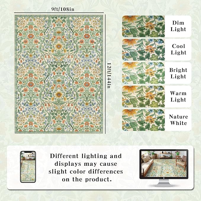 9x12 Grass Green Vintage Floral Area Rug,Washable Large Boho Living Room Rugs,Botanical Print Non-Slip Stain Resistant Lightweight Carpet for Bedroom Dining Room Nursery