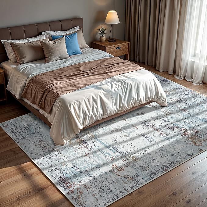 GLN Rugs Contemporary Collection - Machine Washable Area Rug, Contemporary Washable, Non Slip, Low Pile Chenille Rug, Living Room, Bedroom, Kitchen Rug (9' x 12' White/Grey/Blue/Brown)
