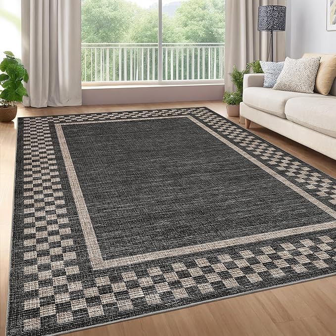 GarveeHome Machine Washable 5x7 Area Rugs Modern Bordered Living Room Rug Non Slip Checkered Geometric Bedroom Throw Carpet Soft Boho Rugs for Dining Room Nursery Home Office, Black