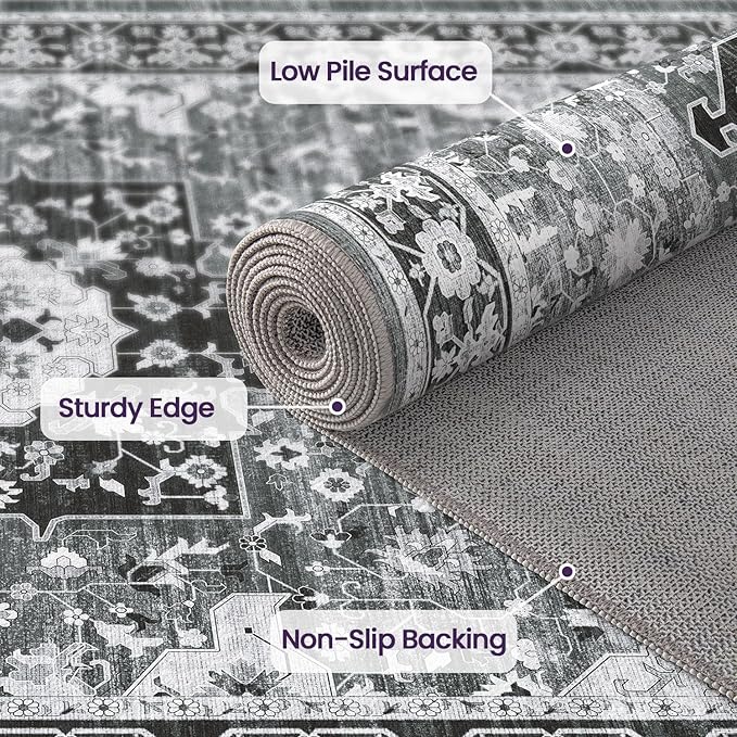 DEXI 8x10 Area Rug for Living Room, Washable Vintage Farmhouse Thin Rug Indoor Floor, Non Slip Stain Resistant Low Pile Carpet for Dining Room Bedroom Office, White Grey