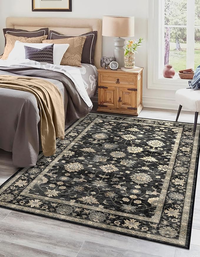 Washable Area Rug 4x6 - Traditional Floral Living Room Rug Soft Boho Bedroom Rug Ultra-Thin Charcoal Black Vintage Farmhouse Dining Room Rugs for Under Table Indoor Carpet for Living Room