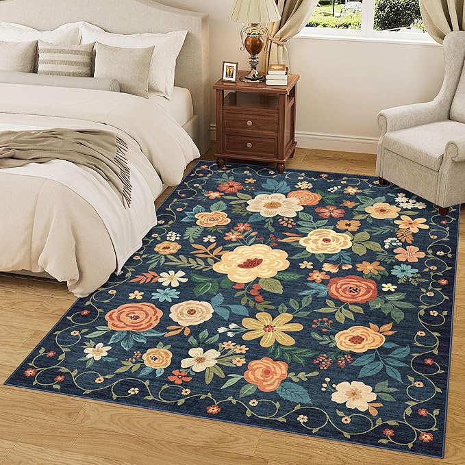 DUKINO 5x7 Area Rug, Floral Rugs for Living Room, Lightweight Non Slip Washable Rug, Indoor Low Pile & Non-Shedding Boho Design Rugs for Bedroom, Living Room, Dining Room, Dark Blue