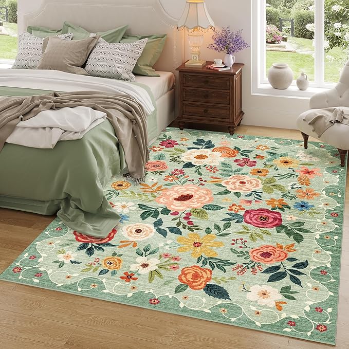 DUKINO 9x12 Area Rug, Floral Rugs for Living Room, Lightweight Non Slip Washable Rug, Indoor Low Pile & Non-Shedding Boho Design Rugs for Bedroom, Living Room, Dining Room,Green