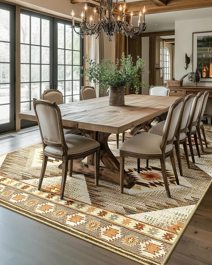 Area Rug 8x10 Rug Machine Washable Non-Slip Low Pile Print Pattern Western Rug for Living Room Bedroom Entryway Tribal Series -Cream/Camel