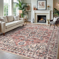 KOZYFLY Area Rug 8x10 Ft Thin Rugs for Living Room Washable Bedroom Rug Non Slip Rugs for Living Room Printed Faux Wool Vintage Bedroom Rug Floor Carpet for Dining Room, Terracotta/Beige