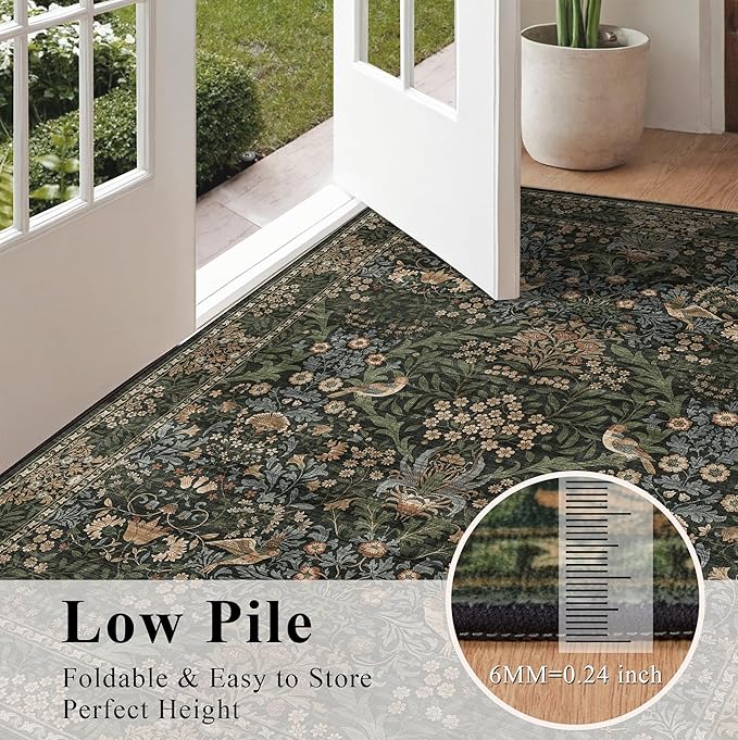 2.6x8 Floral Washable Area Rug Soft Runner Rugs for Kitchen, Vintage Boho Hallway Rug for Bedroom Dining Room, Botanical Birds Non Slip Low Pile Throw Carpet, Retro Gold/Green