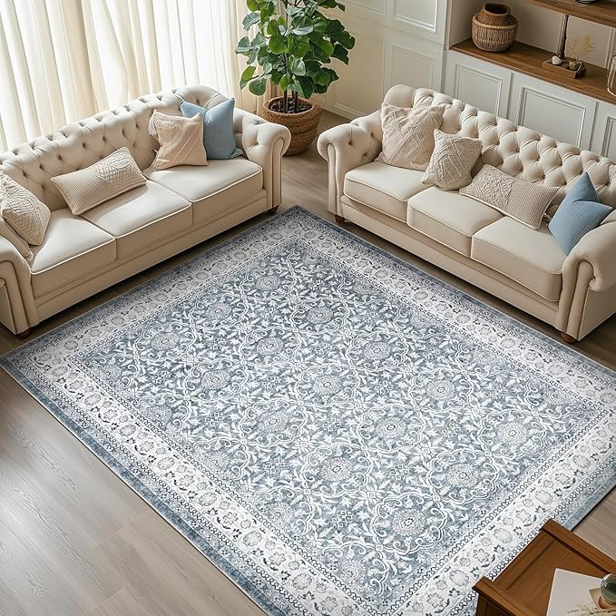 jinchan Floral 6x9 Area Rugs for Living Room - Machine Washable Vintage Distressed Boho Design Throw Rug Stain Resistant Carpet Low-Pile Thin Non-Slip for Bedroom Dining Room Nursery (6‘x9', Grey)