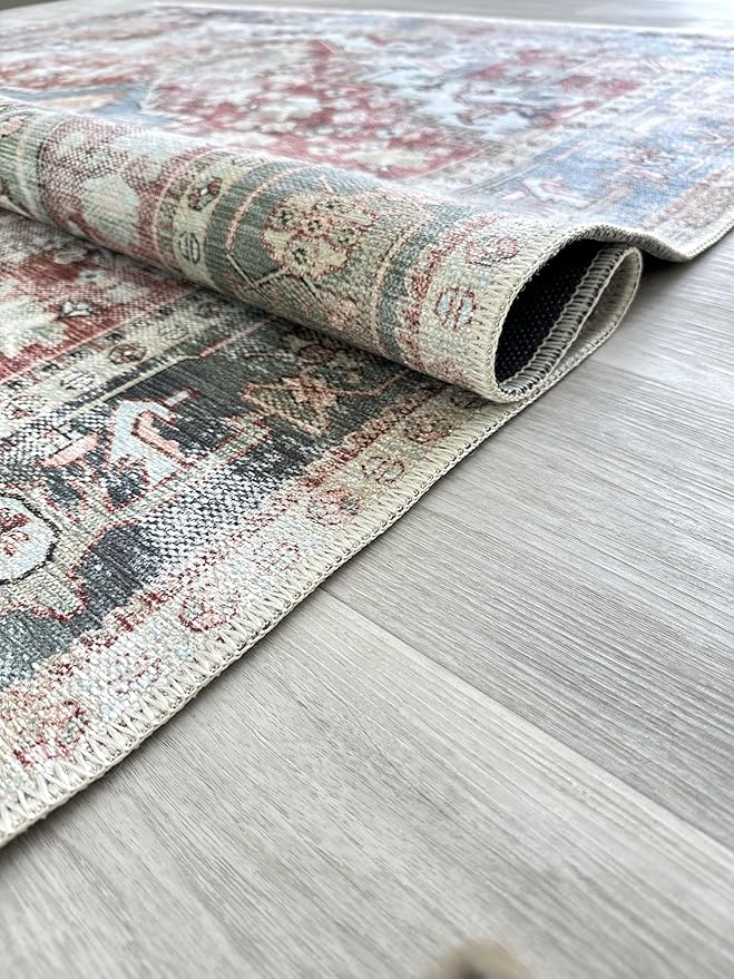 Fame Living Faded Oushak Rug, Turkish Vintage Floral Pastel Large Oversized Area Rugs for Living Room Dining Bedroom Kitchen Bathroom Nursery (848CrNv, 2' x 3')