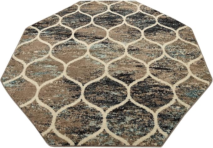 Rugs.com Lattice Frieze Collection Rug – 6 Ft Octagon Blue Multi Medium-Pile Rug Perfect for Living Rooms, Kitchens, Entryways