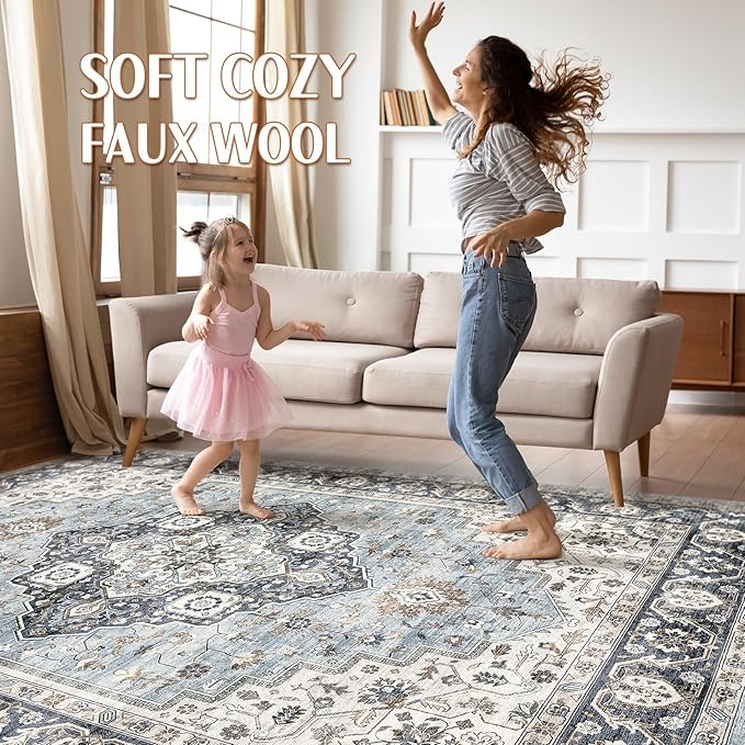 9x12 Area Rug Living Room: Washable Boho Large Neutral Vintage Soft Rugs Stain Resistant Farmhouse Non-Slip Indoor Floor Carpet for Bedroom Nursery Kids Playroom Office Dining Room House- Blue Tan