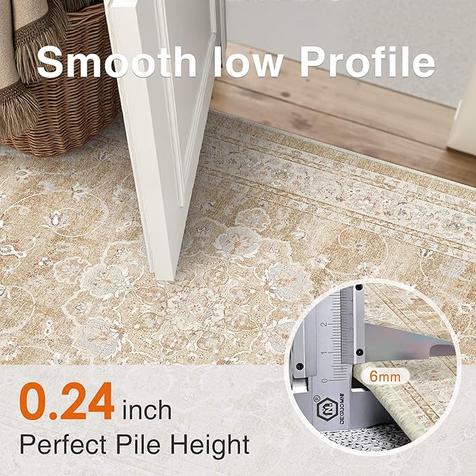 HUGEAR Machine Washable Hallway Runner Rugs 2x8 Vintage Beige Brown Neutral Style Non Slip Stain Resistant Low Pile Throw Carpet for Bedroom Kitchen Retro Aesthetic Modern Decor