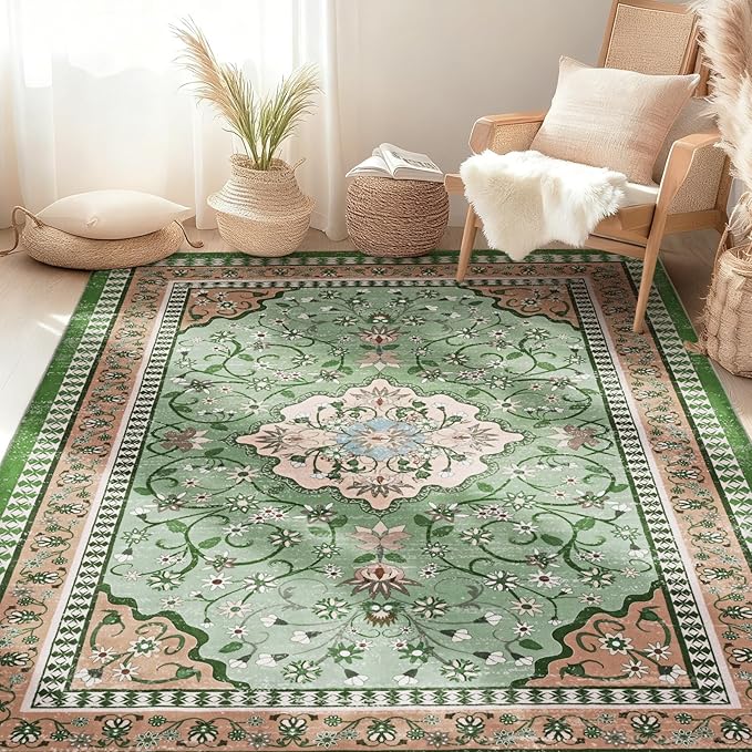 Luxury 8' x 10' Green Washable Area Rugs, Boho Low Pile Easy Clean Non-Slip Rug, Floral Medallion Pattern Vintage Rugs for Living Room, Dinning Room, Office, Bedroom, Bathroom, Laundry Room, Farmhouse