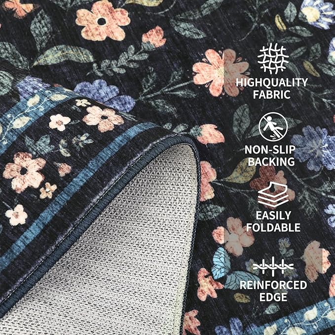 Washable Runner Rug 2.5 x 8 Non-Slip Non-Shedding Soft Vintage Bedside Low Pile Farmhouse Floral Carpet, Indoor Foldable Printed Entryway Rug for Hallway Kitchen, Dark Grey Blue