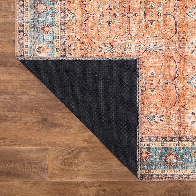 Bloom Rugs Washable Non-Slip 4' x 6' Rug - Orange/Teal Blue Traditional Bordered Area Rug for Living Room, Bedroom, Dining Room, and Kitchen - Exact Size: 4' x 6'