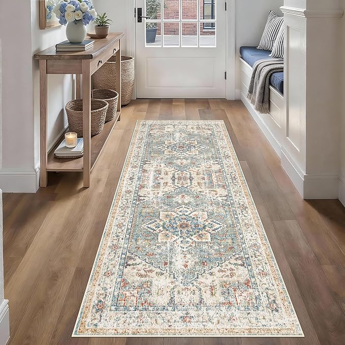 Enkor Runner Rugs for Hallway, 2x6 Washable Soft Boho Non Slip Floor Rugs for Kitchen, Modern Mat for Living Room Bedroom Entryway Beige & Green