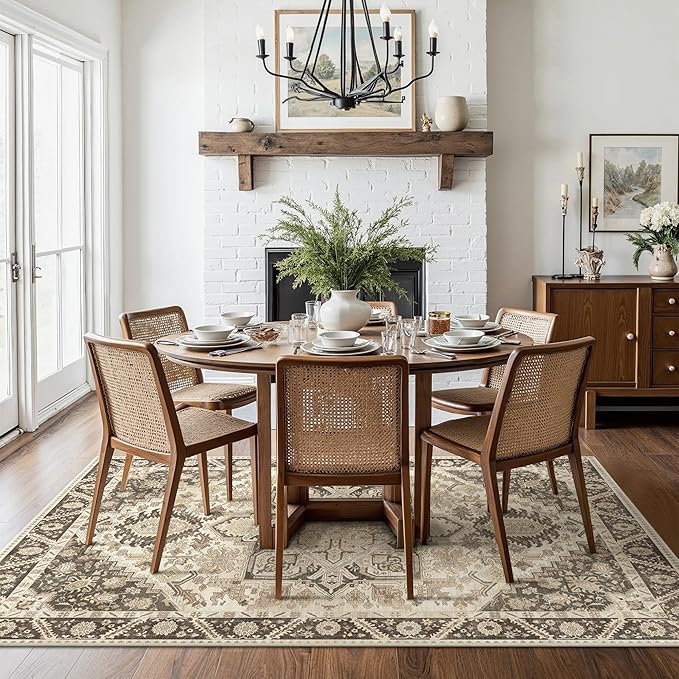 8x10 Area Rug Machine Washable Boho Rug for Living Room,Ultra-Thin Low Pile Carpet,Lightweight Indoor Printed Rug,Non Slip Floral Area Rug for Bedroom, Dining Room, Home Office,Brown