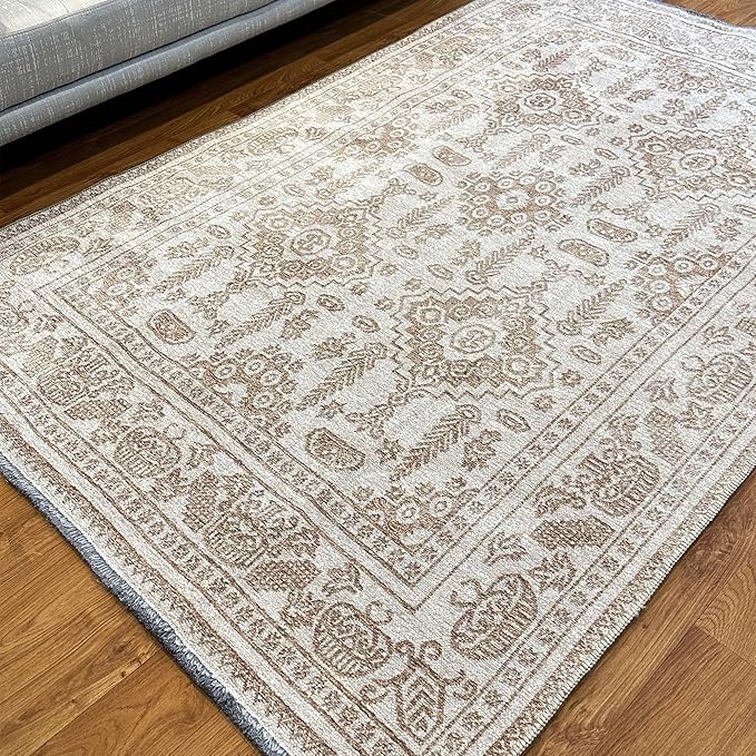 Alfa Rich 4x6 Beige Off White Washable Area Rugs for Living Room Bedroom Kitchen Dining Cotton Rug