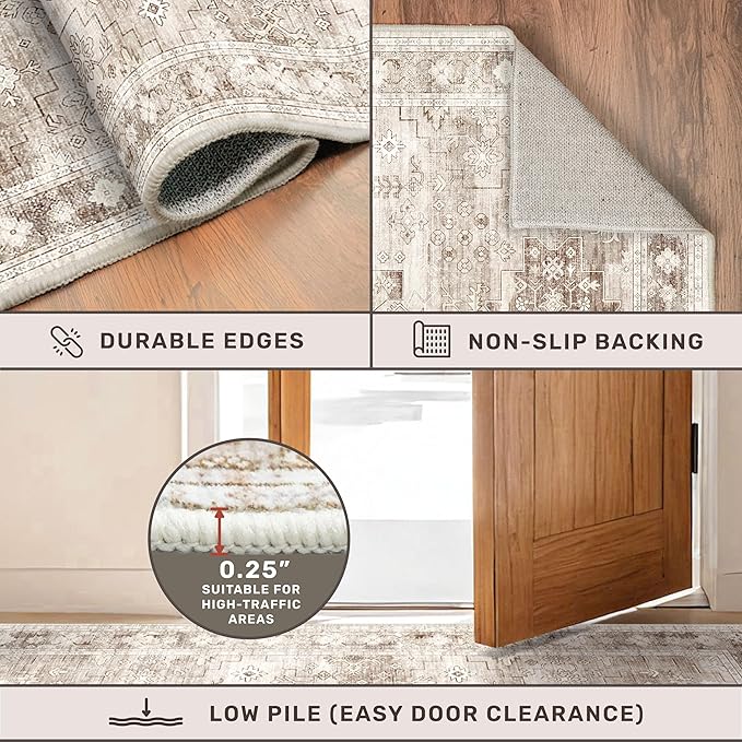 Non Slip Hallway Runner Rug - 2 x 10 Runner Rug, Washable & Waterproof Kitchen Floor Mat - Extra Long Neutral Farmhouse Boho Design Décor (2x10 Beige/Latte)