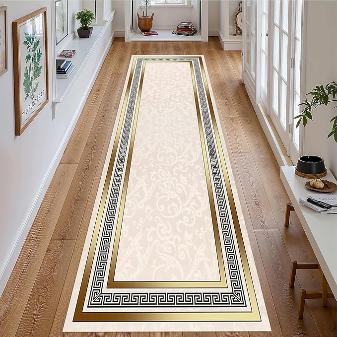 Classic Bohemian Hallway Rugs, 4x10ft, Western Retro Greek Key Beige Fade Resistant Hall Rug, Washable Kitchen Low-Pile Floor Carpet Runners for Bathroom Laundry