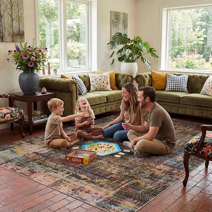 Kokia Abstract Area Rugs 8x10 Bedroom Soft Living Room Rugs Washable Distressed Vintage Comfy Brown Yellow Carpet with Non-Slip Backing for Farmhouse Home Office Room Decor, Oslo Fireworks
