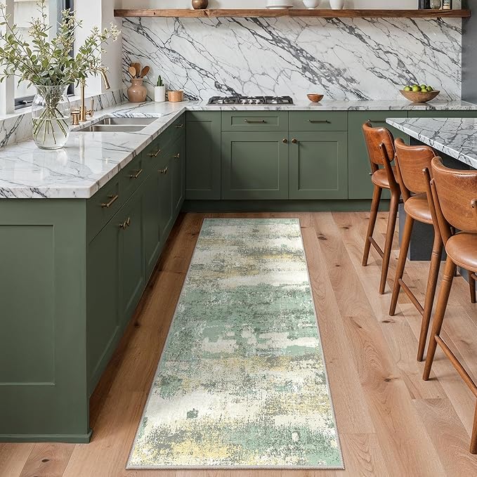GENIMO Runner Rug Non Slip 2'6"x7', Washable Rug Runner for Hallways Kitchen, Abstract Modern Kitchen Rugs, Low Pile Lightweight Carpet Runners for Entryway, Bedroom, Laundry, Light Green
