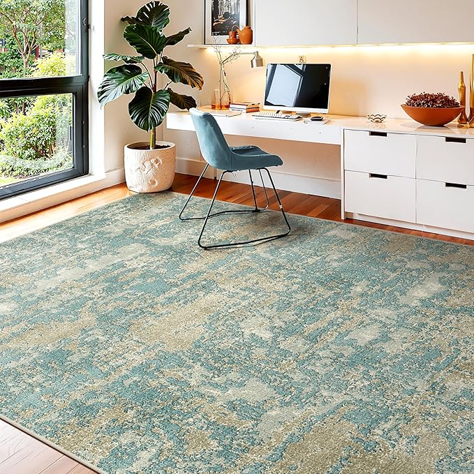 WITSHOCK Living Room Area Rugs 6x9：Modern Abstract Machine Washable Large Rug for Bedroom Dining Room Non-Slip Stain Resistant Home Office Decor,Teal Brown