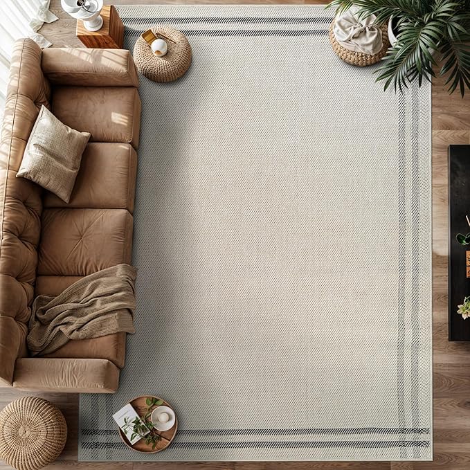 Easy Jute Rugs 6x9 Bordered Bone Color Living Room Indoor Outdoor Area Rug for Patio and Kitchen Rug High Traffic Washable Easy to Clean Solid Boho Woven Design Outside Carpet (6 x 9)