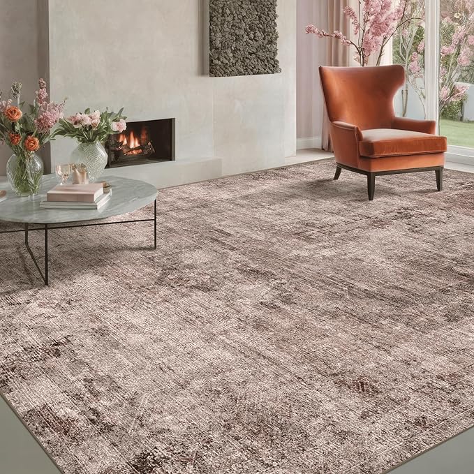 Brown Living Room Rug 8x10 - Retro Washable Rug for Dining Room, Fireplace, Bedroom, Non Slip Low Pile Abstract Warm Tan and Terracotta