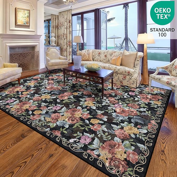 8x10 Machine Washable Area Rug for Living Room, Black Vintage Boho Floral Rug Large Non-Slip Low Pile Soft Faux Wool Carpet, Kids and Pets Friendly for Bedroom Dining Room Farmhouse Home Decor Rug