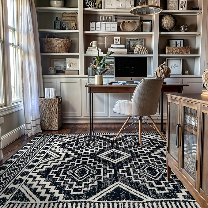 Rugshop Southwestern Black and White Tribal Area Rug – Geometric Diamond Pattern Carpet for Living Room, Bedroom, or Entryway – Boho Rustic Soft Floor Decor 4' x 6' Black