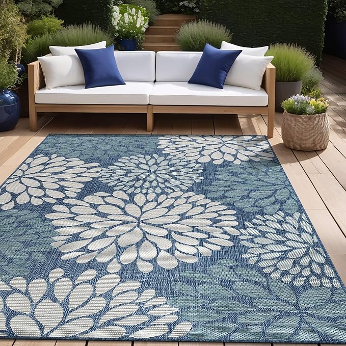 Beverly Rug Outdoor Rug 9x12 Modern Exotic Tropical Leaf Area Rugs for Indoor and Outdoor Patio Deck Porch Garden Water Resistant Washable Outside Carpet (9 x 12 Blue)
