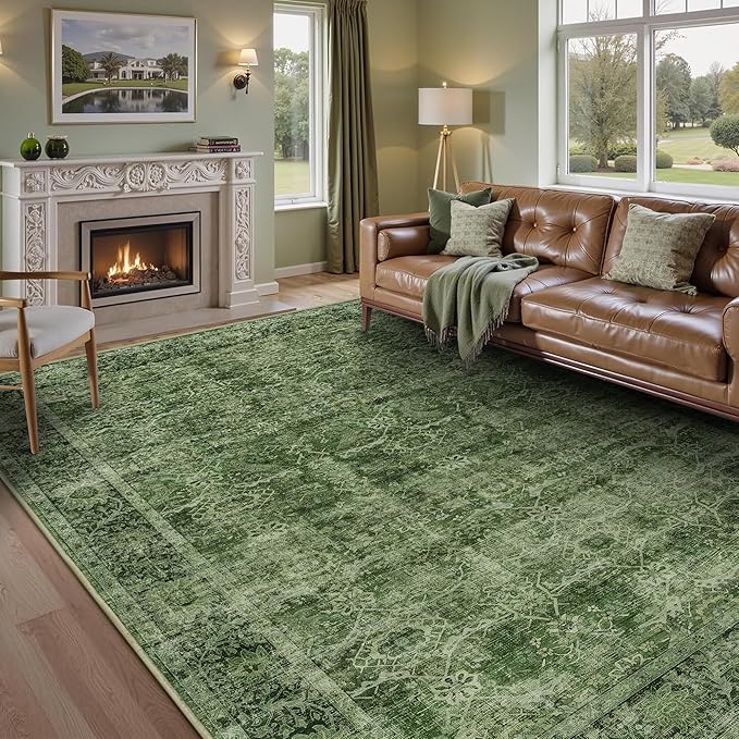 10x14 Washable Area Rug Green Vintage Rug for Living Room Bedroom Low Pile Soft Non-Slip Boho Rug for Under Table Boho Distressed Retro Carpet for Bedroom Dining Room