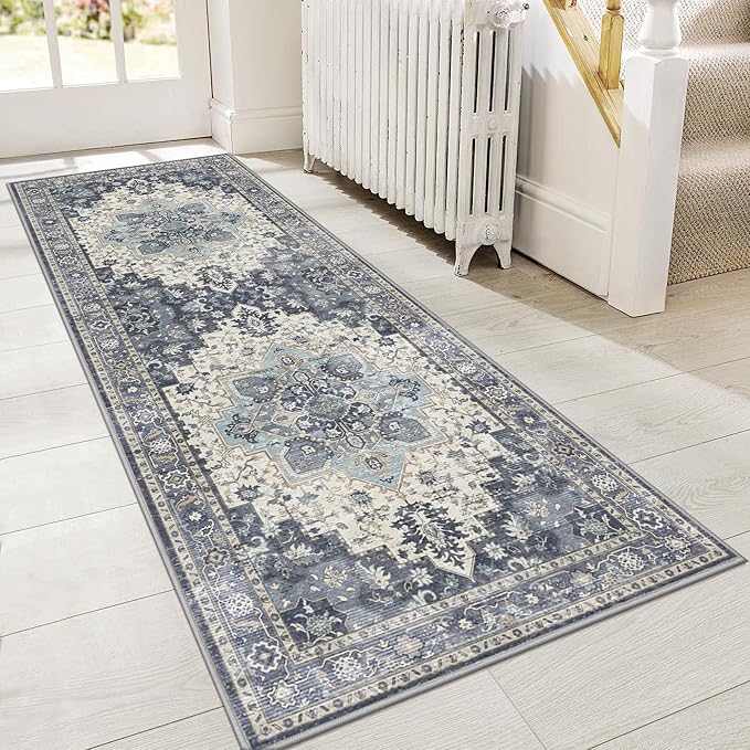 GENIMO 2'6"x8 Runner Rugs for Hallway, Machine Washable Non Slip Vintage Rugs, Low Pile Lightweight Soft Print Rug for enrtyway, Corridor, Home Office, Kitchen, Center Blue
