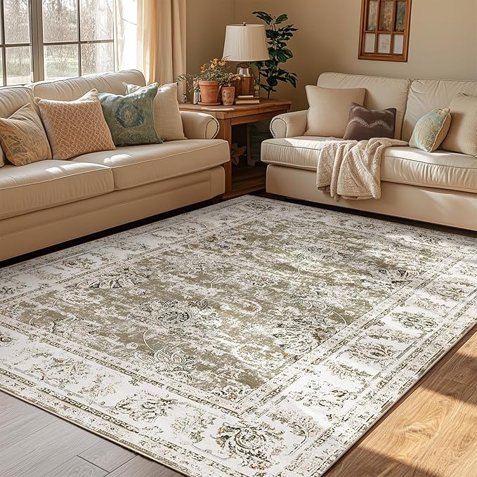 jinchan Fiora Vintage Floral 5x7 Area Rugs for Bedroom - Machine Washable Distressed Design Stain Resistant Boho Carpet Ultra-Thin Low Pile Non-Slip Rug for Living Room Dining Room (5'x7', Taupe)