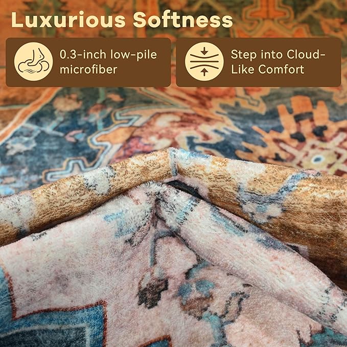 YJ.GWL Area Rugs for Living Room 5x7 Machine Washable Rugs, Non Slip Floral Vintage Rug Indoor Carpet, Stain Resistant Large Rug for Bedroom Dining Room, Brown Blue