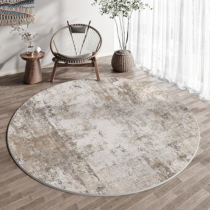 5x5 Washable Round Rug Brown Grey Abstract Living Room Bedroom Area Rug Neutral Modern Non Slip Soft Low Pile Indoor Carpet for Dining Room Office Entryway