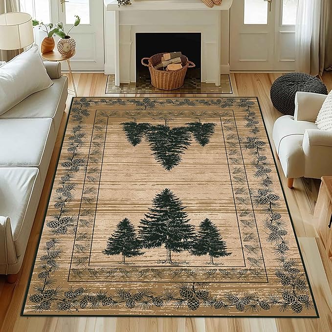 UNREASTO Country Cabin Area Rug 6x8ft Rustic Nature Forest Pine Cone Pine Tree Plant Vintage Home Decor Floor Rug Non-Slip Easy Clean Lodge Rug for Living Room Bedroom Entry Office Hardwood Floor