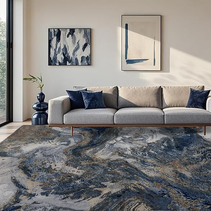 Washable Rug for Living Room: Abstract 8x10 Area Rugs for Bedroom Dining Room Low Pile Non-Slip - Stain Resistant Large Carpet Indoor - Modern Marble Blue Gold
