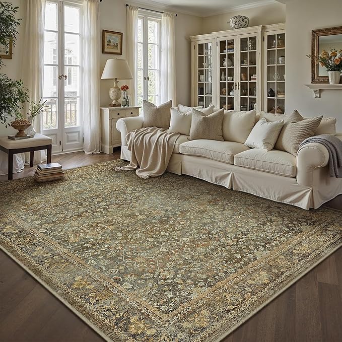 Area Rug 8x10 Brown Living Room Washable Vintage Carpet Non Slip Indoor Retro Traditional Accent Throw Large Rug for Office Bedroom Dining Room Playroom