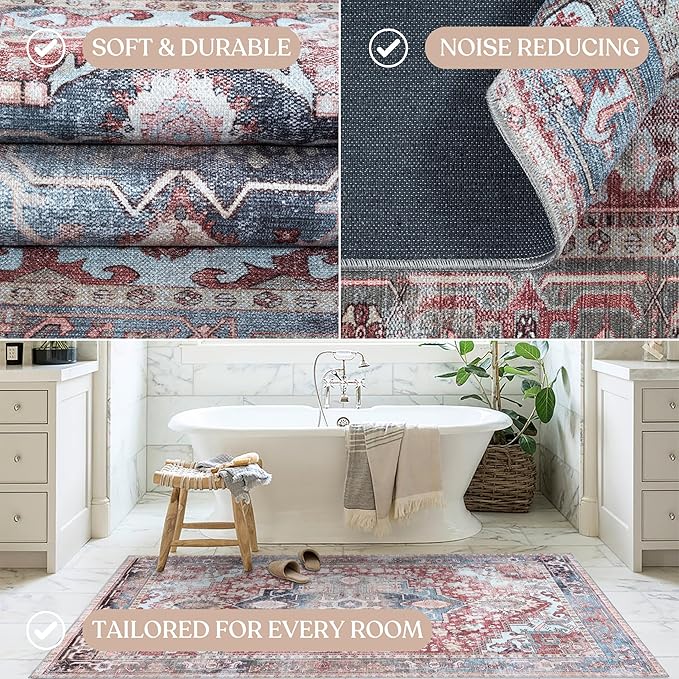 Washable Area Rug. Modern Farmhouse. Vintage. Turkish. Bohemian. Distressed. Oriental. Traditional. Rugs for Living Room. Dining. Bedroom. Office. Entryway. Foyer. (858RM, 7'5" x 9'8")