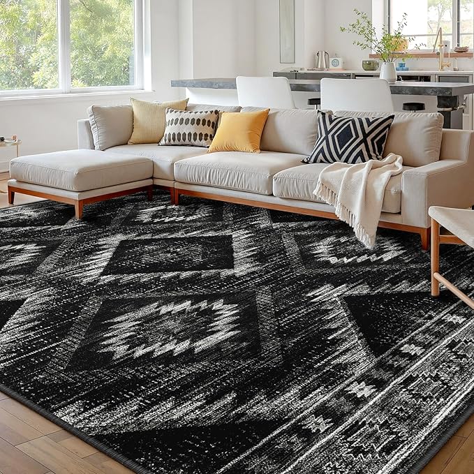 Area Rug 10x12 Rug Machine Washable Non-Slip Low Pile Print Pattern Western Rug for Living Room Bedroom Entryway Tribal Series-Black
