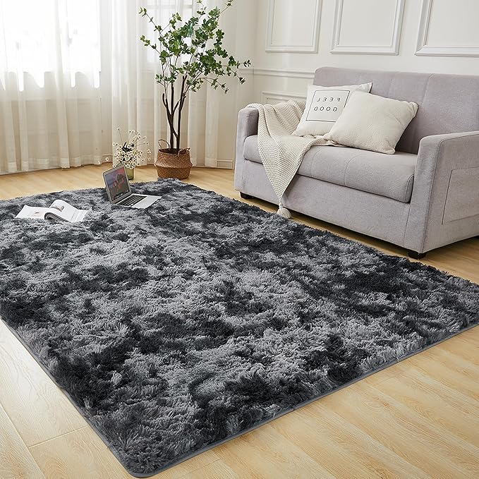 Andency Soft Area Rugs for Living Room Bedroom, 3x5 Non-Slip Fluffy Shag Carpet, Indoor Floor Fuzzy Shaggy Living Room Plush Rug for Kids Dorm Nursery Home Decor Aesthetic, Tie-Dyed Dark Grey