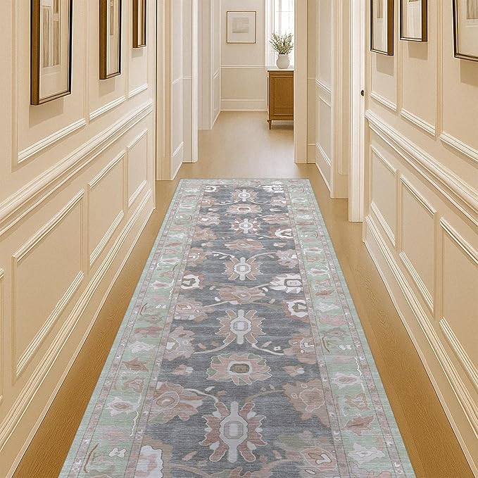 Fame Living Navy Blue Oushak Runner Rug, Modern Runners, Vintage, Turkish, Eclectic, Floral, Pastel, Washable, Long Runner Rugs for Hallway, Kitchen, Living Room, Bedroom, Kitchen, Bathroom, 2'5"x13'