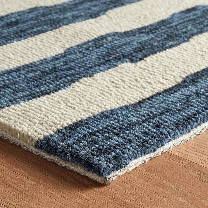 Dash & Albert Silas Stripe Navy Hand Micro Hooked Wool Rug, Runner-2.5 X 8 Feet, Blue Stripe Pattern - Premium Luxury Hotel Quality Soft Breathable Hypoallergenic Machine Washable Easy Care All