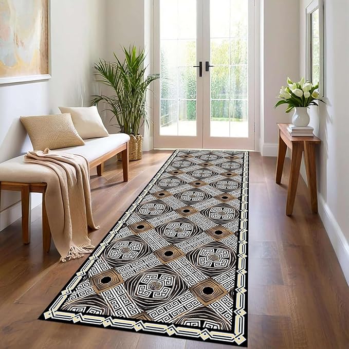 Classic Geometric Runner Rug, 3.3x7ft, Greek Key Print Runners Rugs, Vintage Moroccan Checkered Carpet, Cozy Short Pile No Crease Farmhouse Rugs for Living Room Laundry