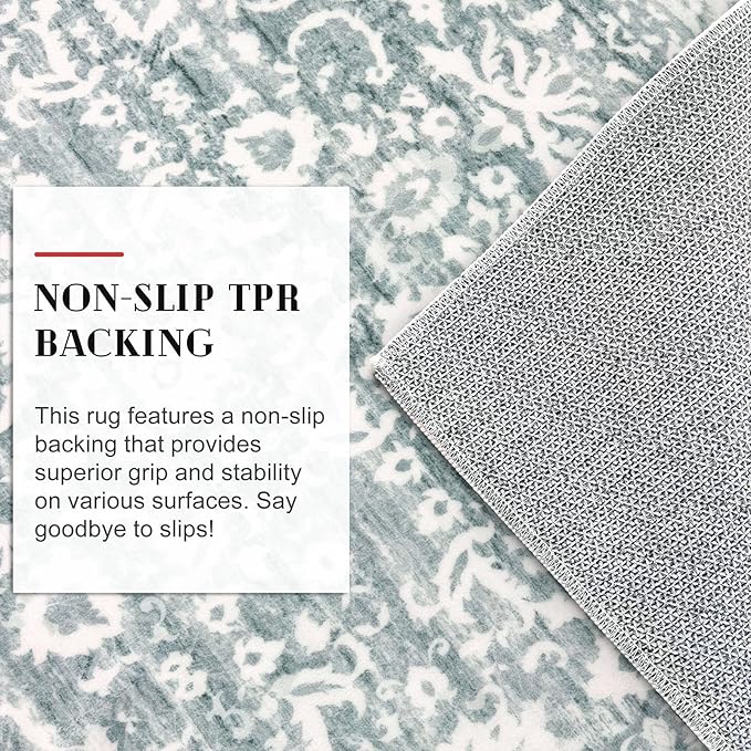 Vintage Entryway Rug 2x3 Washable, Sage Green White Kitchen Rug, Super Soft Thin Faux Wool Small Area Rug, Non-Slip Accent Mat for Foyer, Bedroom, Office
