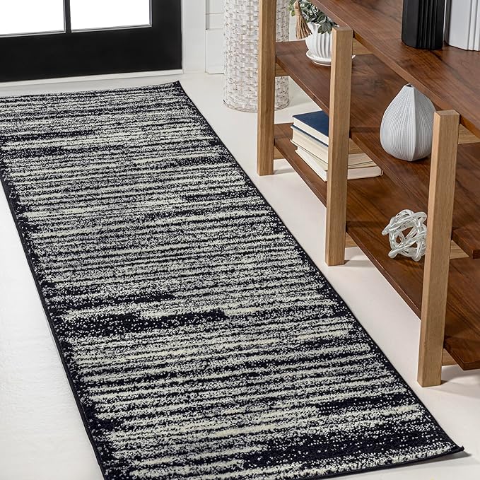JONATHAN Y Khalil Modern Berber Stripe Black/Cream Runner Rug, 2x8, Contemporary, Bohemian, Easy-Cleaning for Living Room, Bedroom, Kitchen, Pet Friendly, Non-Shedding (MOH207F-28)