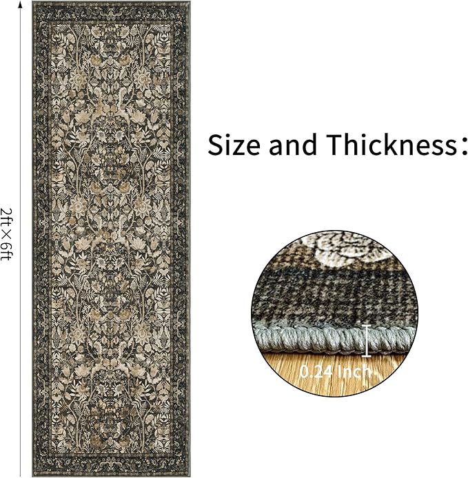 Washable Runner Rug 2x6: Vintage Boho Floral Carpet Runners for Hallway Entryway Non-Slip - Soft Botanical Low Pile Thin Mat for Kitchen Bathroom Bedroom Laundry Floor Decor - Dark Brown