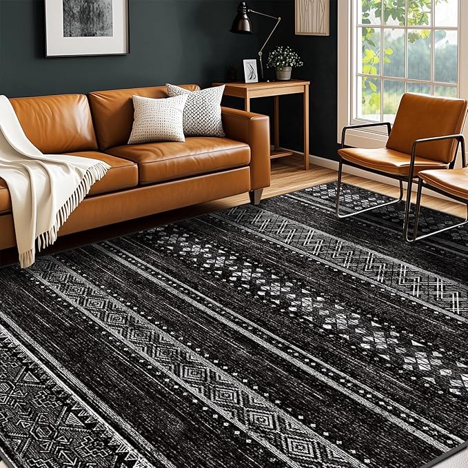 BESTSWEETIE 6x9 Area Rugs for Living Room Washable Moroccan Farmhouse Neutral Geometric Low Pile Non-Slip Soft Print Pattern Rug for Bedroom Kitchen Dining Room Entryway Black/White